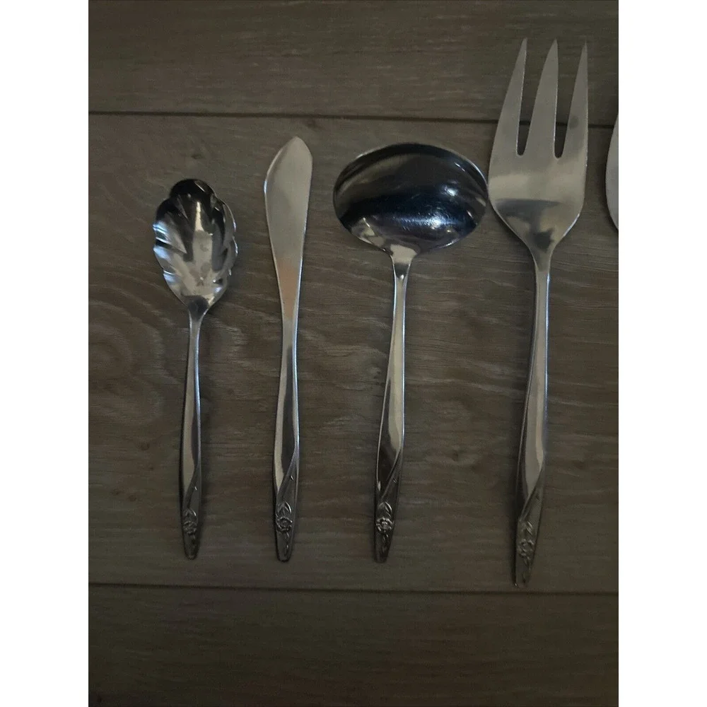 7 PCs International Silver INS88‎ Stainless IS Rose Tip Serving Set Spoon Fork